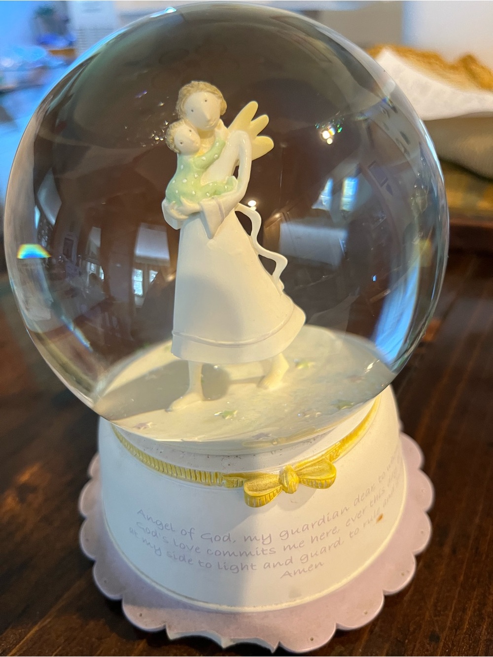 White Angel Mother-and-Child Snow Globe with Yellow Accents
